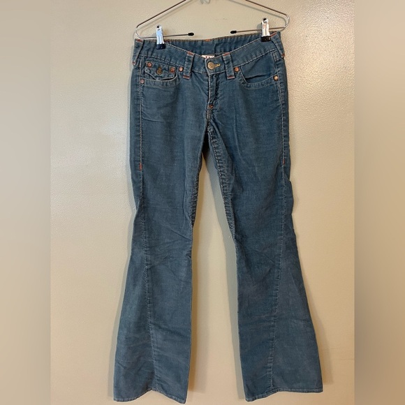 True Religion Womens Vintage Low Rise Flare Blue Corduroy Pants Y2K Joey Sz 28 - Picture 1 of 15